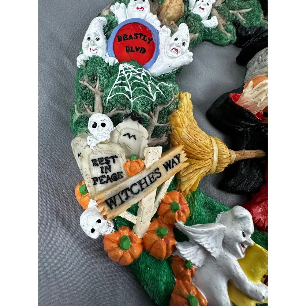 Jaimy Halloween Wreath Resin Witch Ghosts Pumpkins‎ Black Cats Owl Bat 12.5